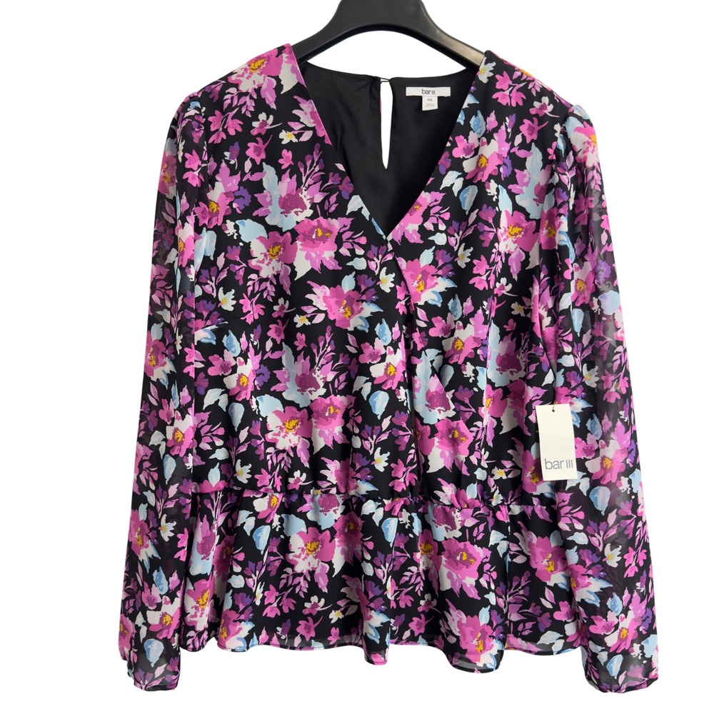 New Bar III Womens XXL Floral Peplum Blouse Long Sleeve V-Neck Pink Black Mesh